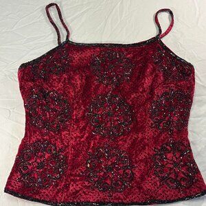 Red velvet tank top with glass beads. One strap is...